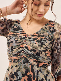 Antheaa Black Abstract Printed Puff Sleeves Gathered Fit & Flare Dress