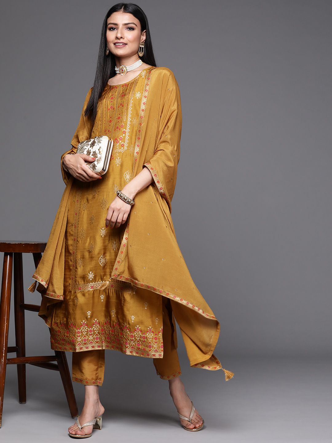 Libas Women Mustard Yellow & Gold Zari Woven Design Straight Kurta Trousers & With Dupatta