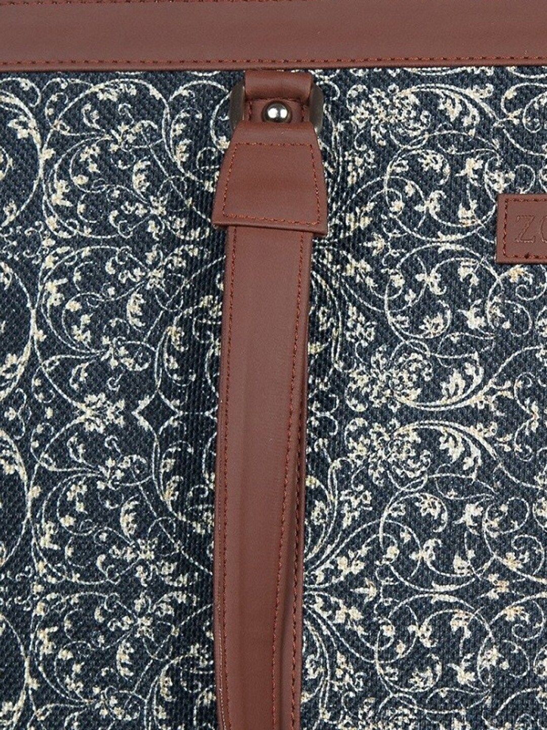 ZOUK Navy Blue & Beige Floral Print Leather Handcrafted 16 Inch Sustainable Laptop Bag