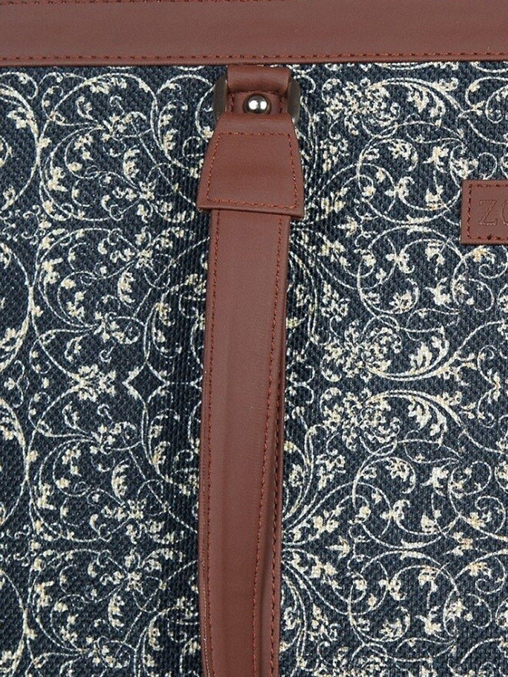 ZOUK Navy Blue & Beige Floral Print Leather Handcrafted 16 Inch Sustainable Laptop Bag