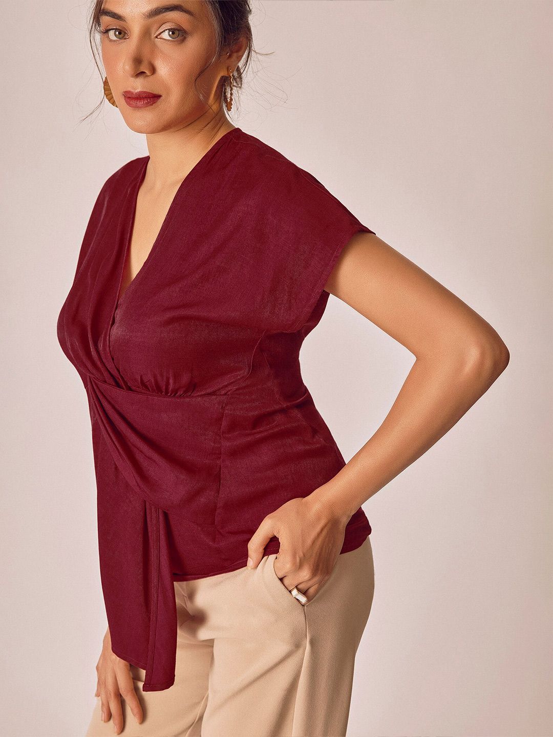 The Label Life V-Neck Extended Sleeves Asymmetric Front Twisted Top