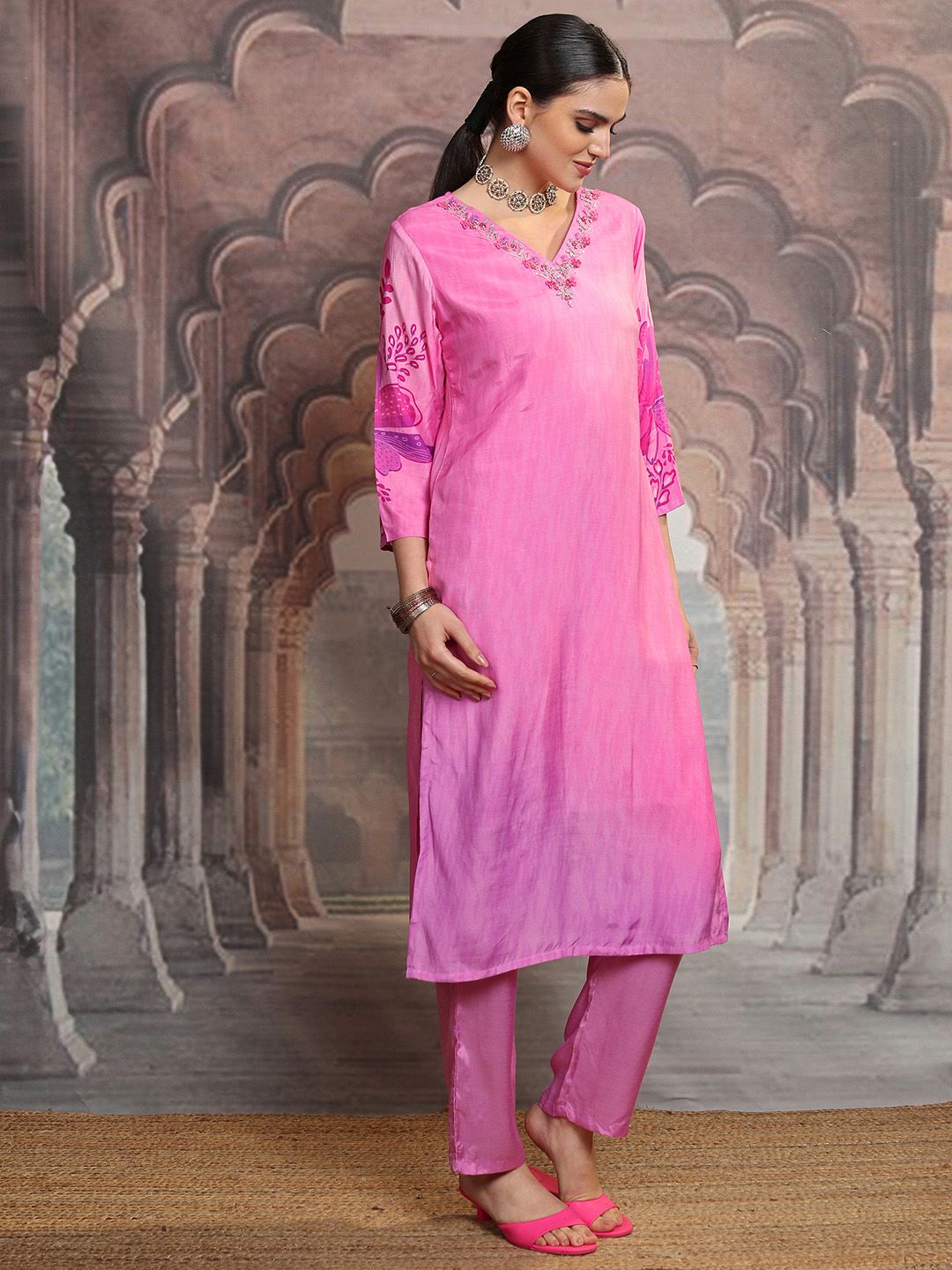 Vishudh Pink Floral Yoke Design Thread Work Straight Kurta With Trousers & Dupatta