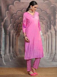 Vishudh Pink Floral Yoke Design Thread Work Straight Kurta With Trousers & Dupatta