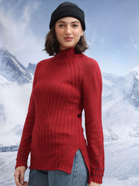 Tokyo Talkies Ribbed High Neck Embellished Detail Acrylic Pullover