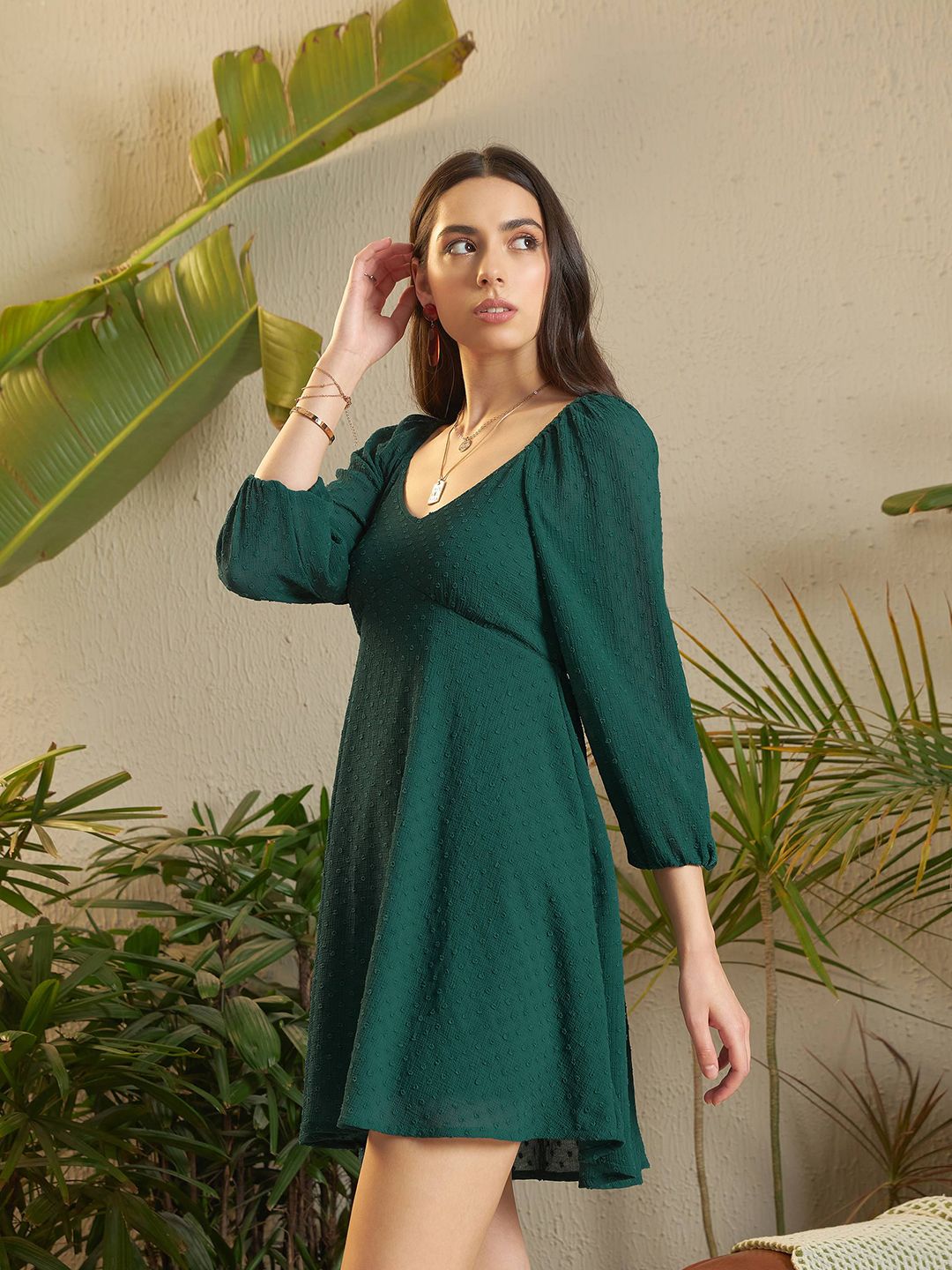 SASSAFRAS Green Self Design Georgette A-Line Dress