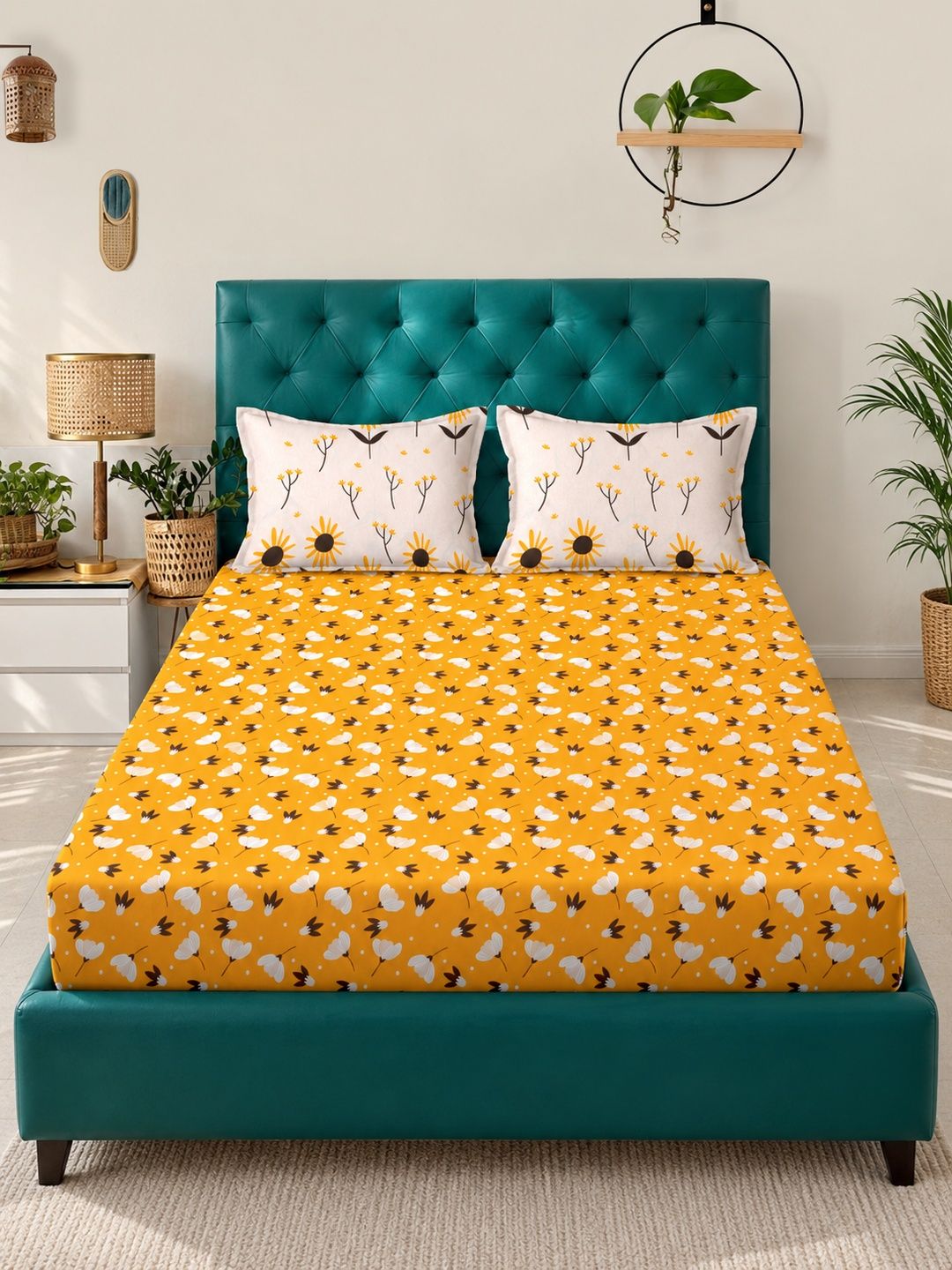 Myntra Elegant Homes Yellow & White Floral 300 TC King Bedsheet with 2 Pillow Covers