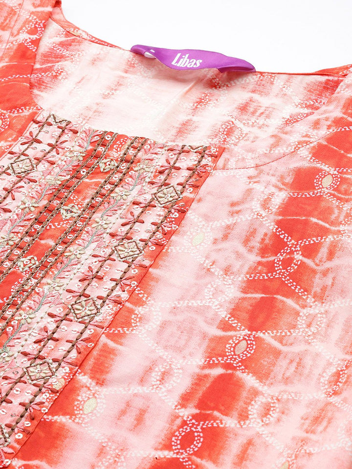 Libas Women Red Yoke Design Sequinned Kurta with Trousers & With Dupatta