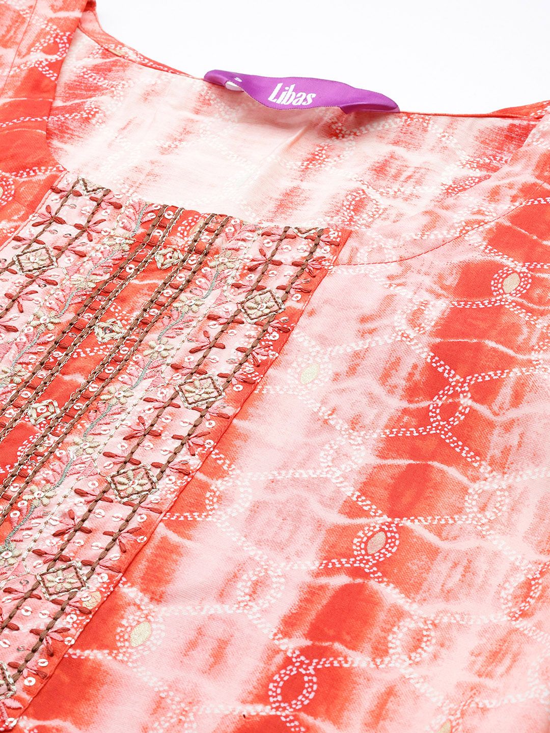 Libas Women Red Yoke Design Sequinned Kurta with Trousers & With Dupatta