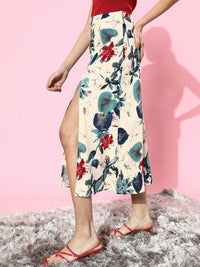 Berrylush Women Off White Floral Printed A-Line Skirt