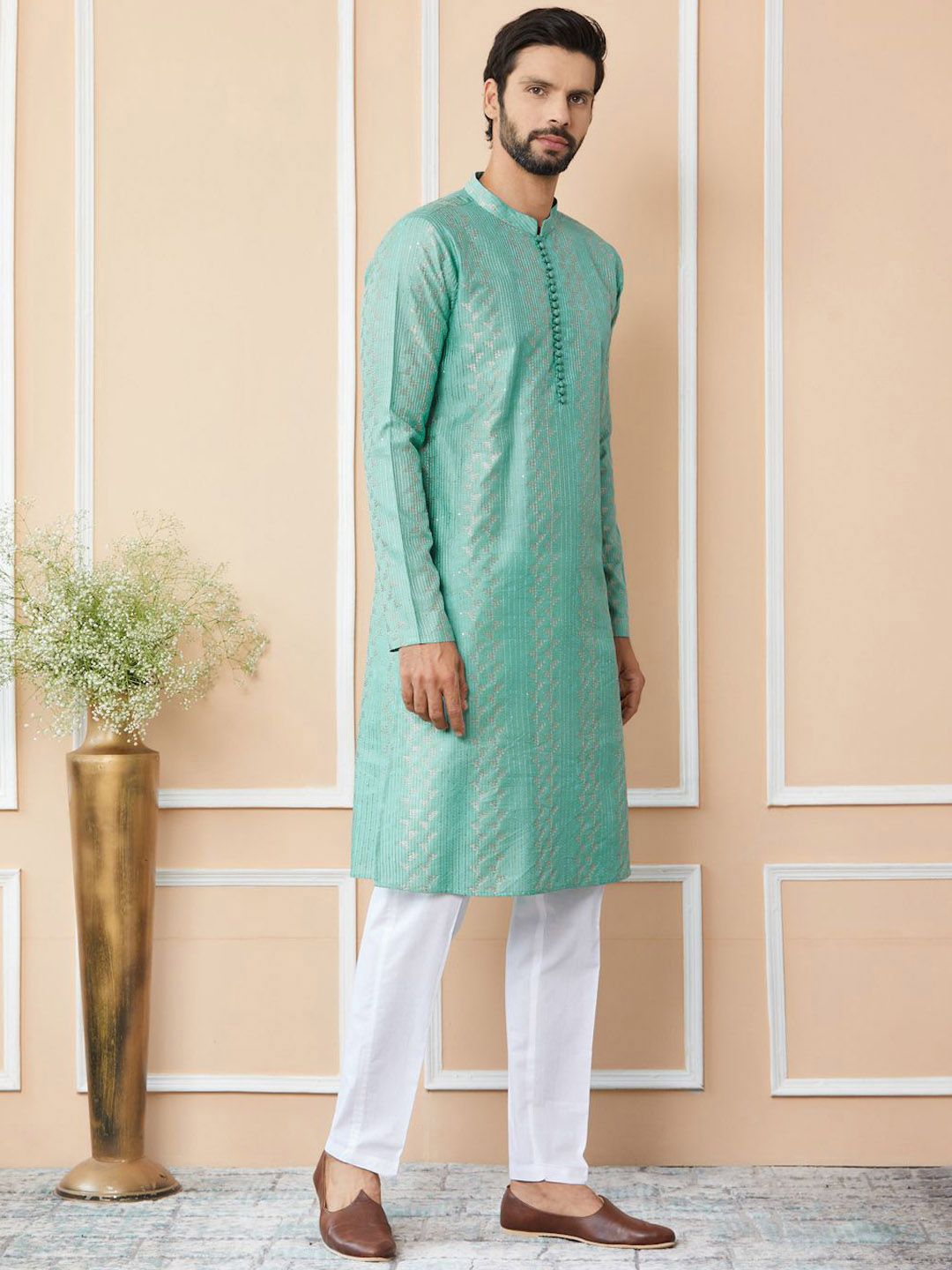 See Designs Embroidered Regular Sequinned Chanderi Silk Kurta with Pyjamas