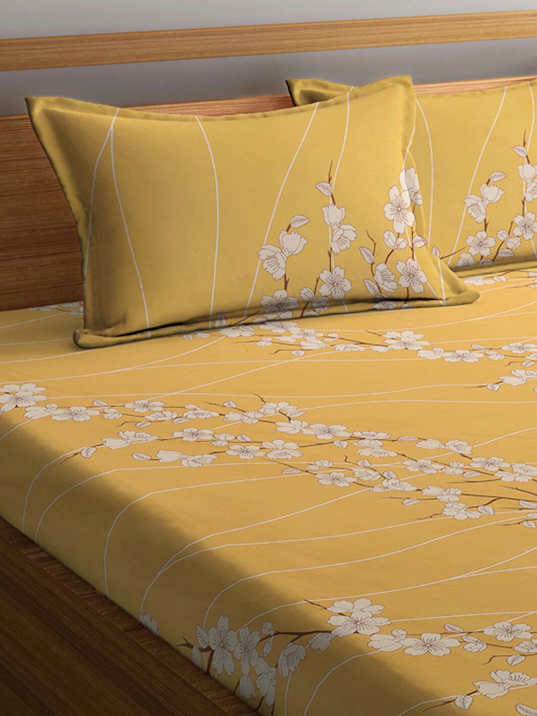KLOTTHE Yellow & White Floral 400 TC Pure Cotton Fitted Double King Bedsheet Set