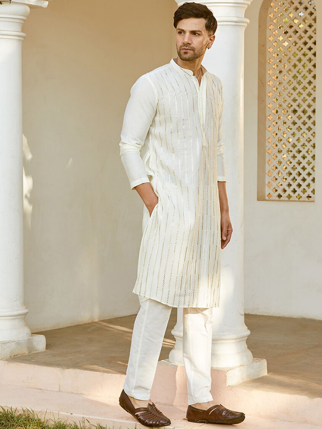 See Designs Embroidered Regular Sequinned Chanderi Silk Kurta with Pyjamas