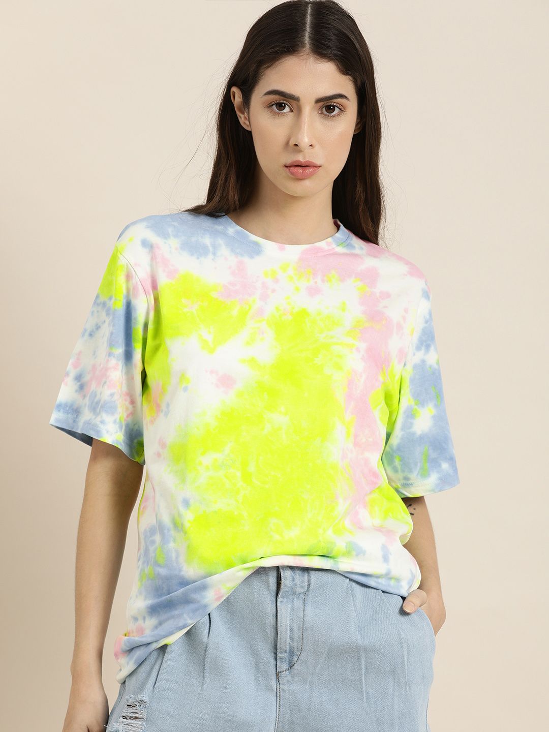 DILLINGER Women Pink  Blue Dyed Drop-Shoulder Sleeves Oversized Pure Cotton T-shirt