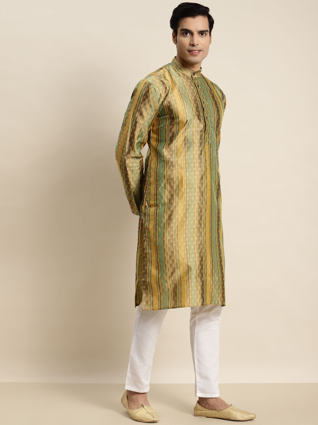 SOJANYA Men Green & Brown Ethnic Motifs Printed Jacquard Kurta