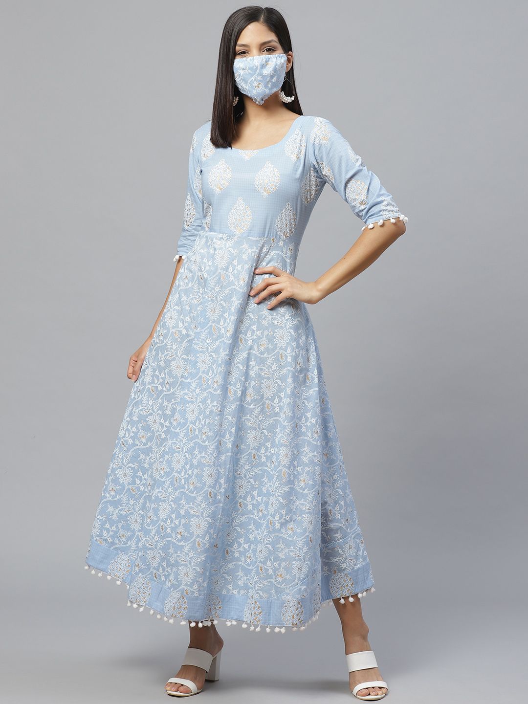 Libas Blue & White Ethnic Motifs Printed Cotton Maxi Dress
