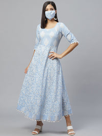 Libas Blue & White Ethnic Motifs Printed Cotton Maxi Dress