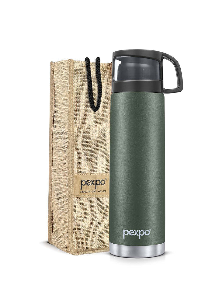 Pexpo Fererro Military Green Thermosteel ISI Certified Hot Flask Water Bottle & Bag 1000ml