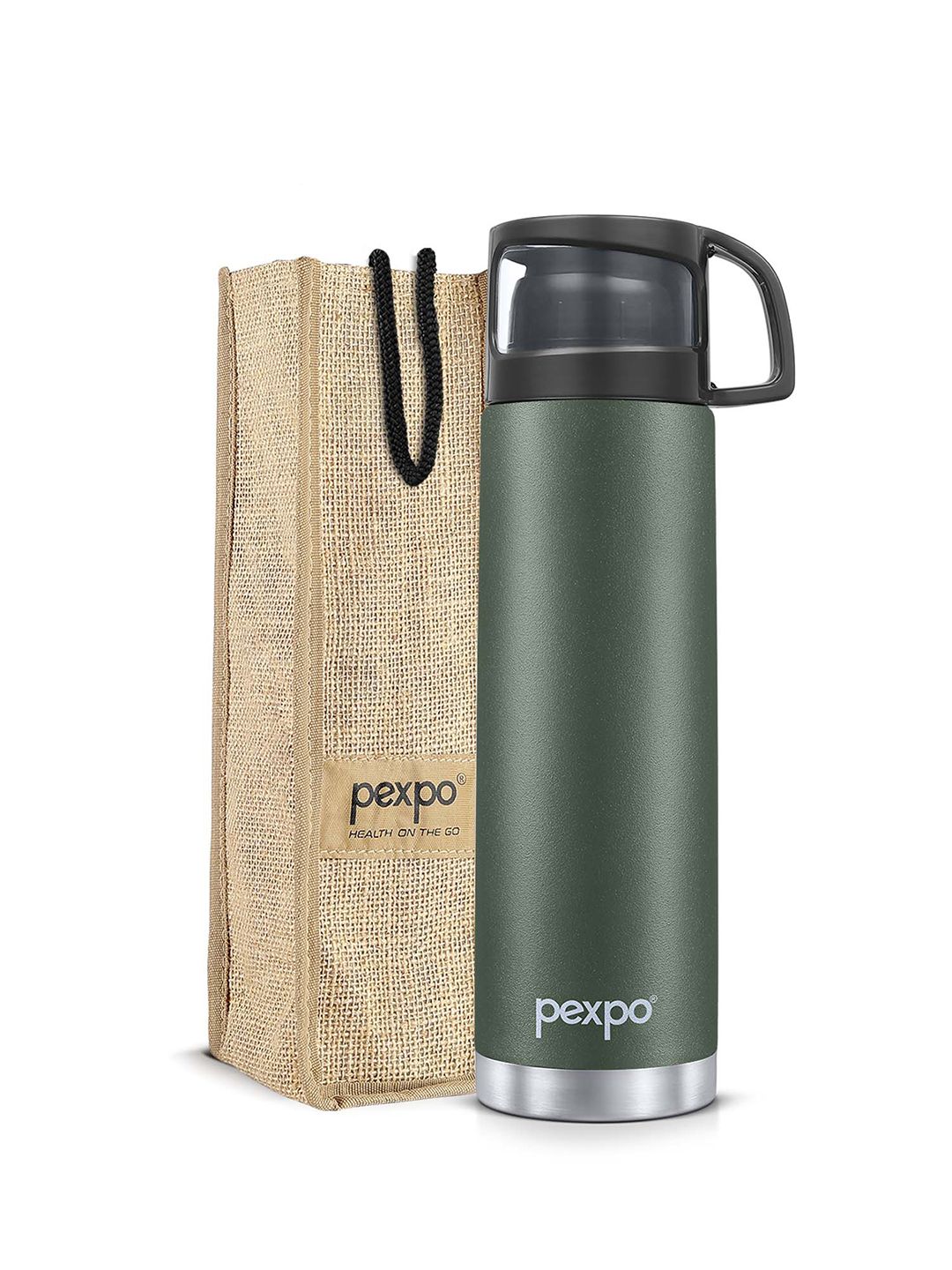 Pexpo Fererro Military Green Thermosteel ISI Certified Hot Flask Water Bottle & Bag 1000ml