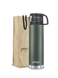 Pexpo Fererro Military Green Thermosteel ISI Certified Hot Flask Water Bottle & Bag 1000ml