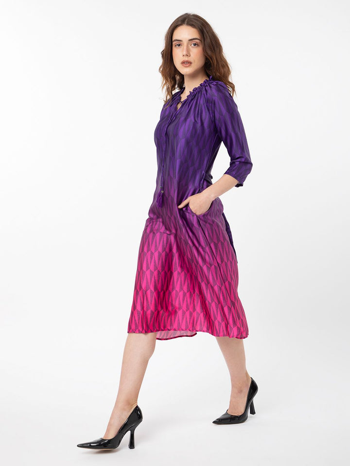 Rareism Abstract Printed Tie -Up Belted Neck A -Line Dress