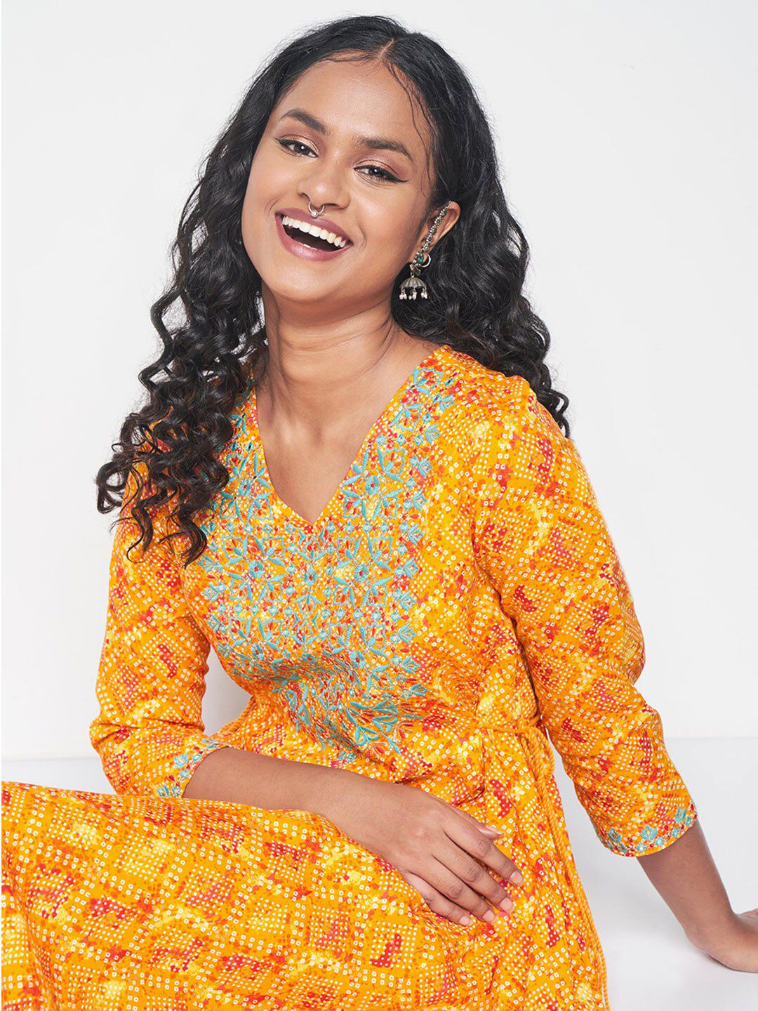 Global Desi Bandhani Printed Thread Work Kurta with Trousers