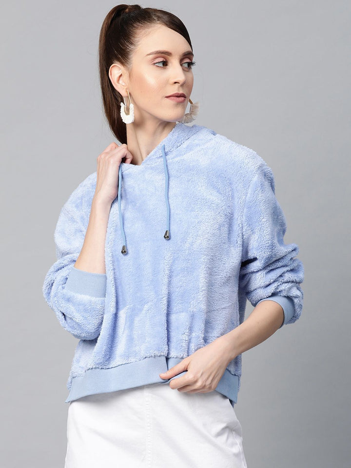 SASSAFRAS Women Blue Faux Fur Solid Hooded Sweatshirt