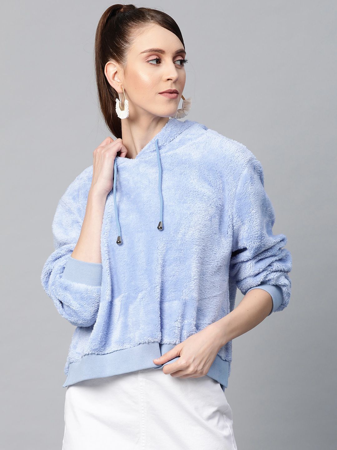 SASSAFRAS Women Blue Faux Fur Solid Hooded Sweatshirt