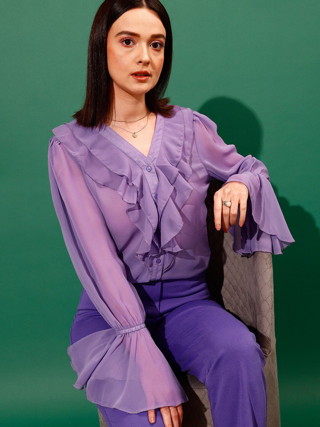 STREET 9 V-Neck Shirt Style Sheer Ruffled Top