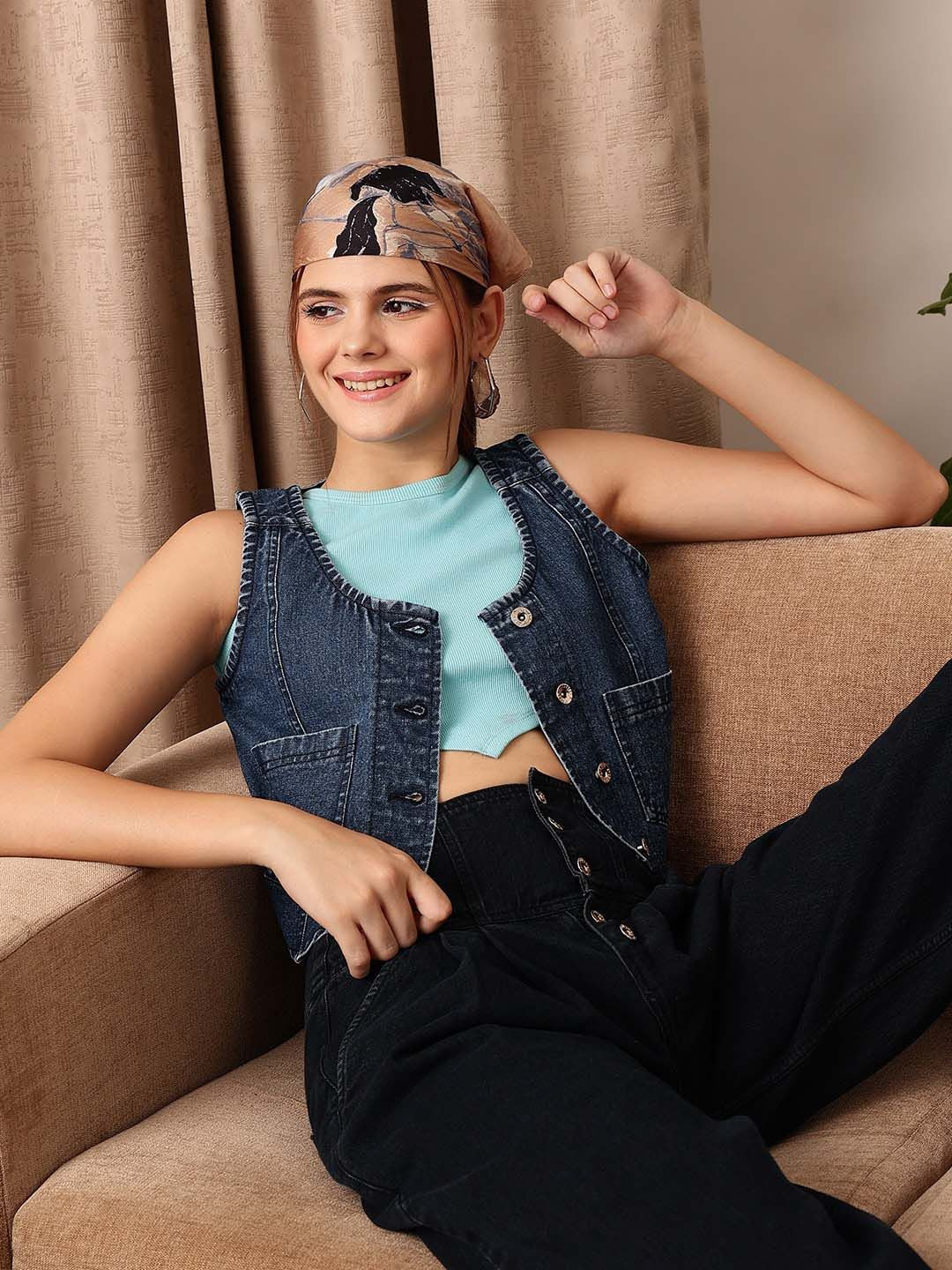 STREET 9 Sleeveless Crop Cotton Denim Jacket