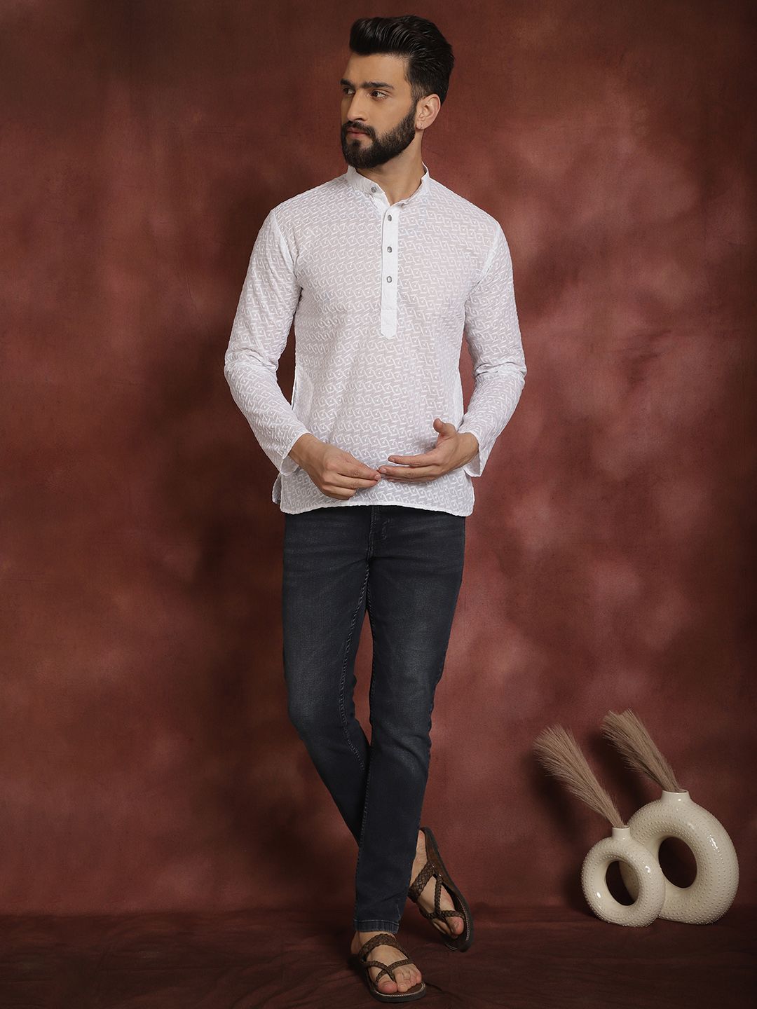 SOJANYA Lelaki Putih Chikankari Sulam Kurta Lurus