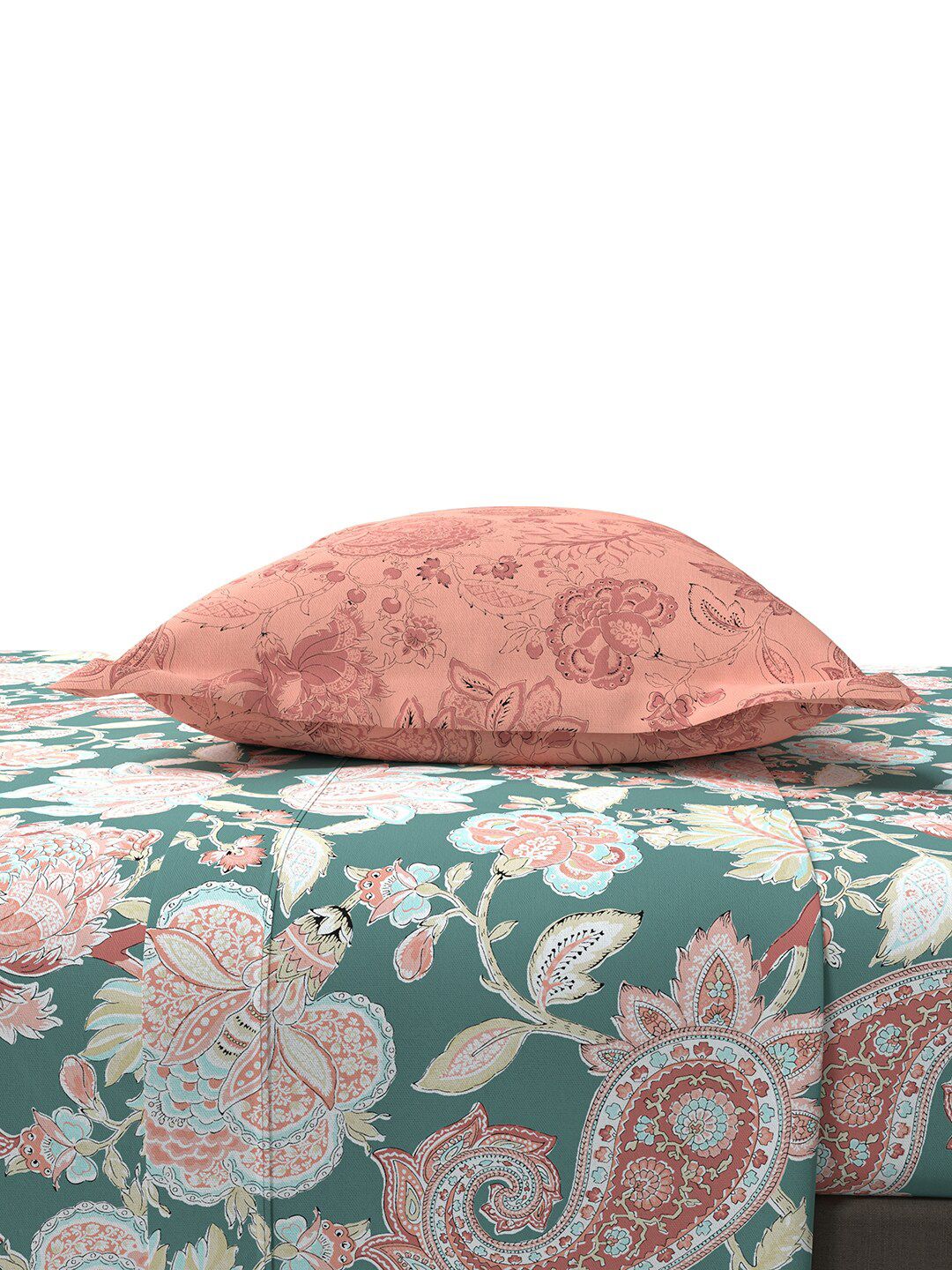 MYTRIDENT Green  White Ethnic Motifs Cotton 144 TC Queen Bedsheet With 2 Pillow Covers