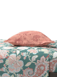 MYTRIDENT Green  White Ethnic Motifs Cotton 144 TC Queen Bedsheet With 2 Pillow Covers