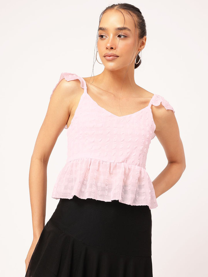 DressBerry Pastel Dreams Dobby Weave Ruffled Sleeves Back Lace-Up Peplum Top
