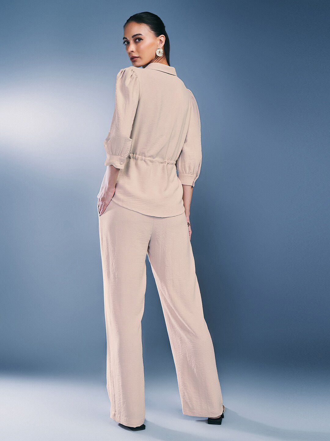 AND Shirt Collar Three-Quarter Sleeves Top & Trousers