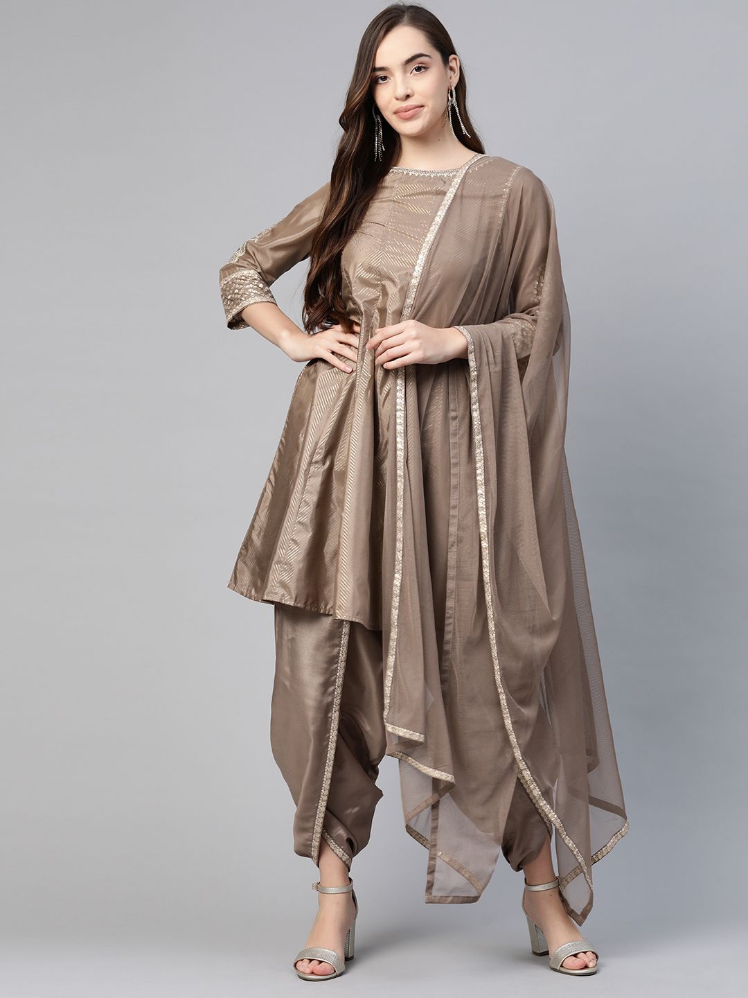 W Women Brown Striped Panelled Sequinned Kurta with Dhoti Pants & Dupatta