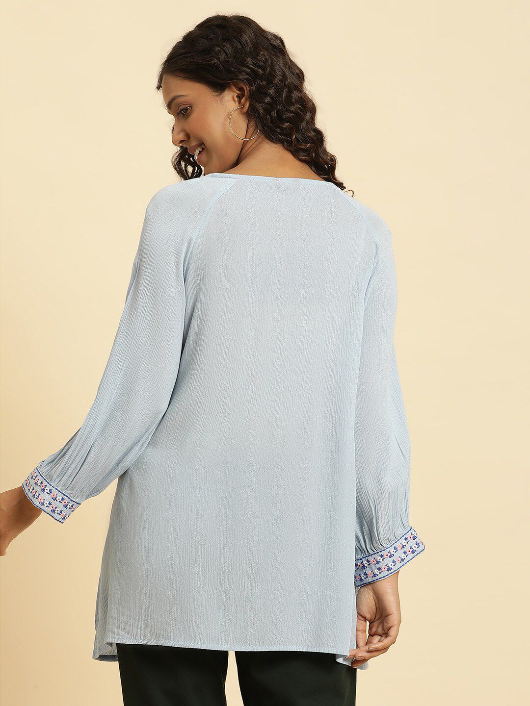 W Blue & Pink Tie-Up Neck Raglan Sleeves Embroidered Top