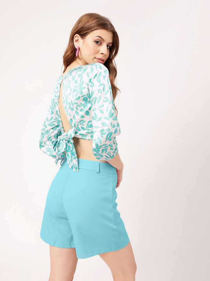 DressBerry Lush Tropical Fetish Printed V-neck Styled Back Crop Top