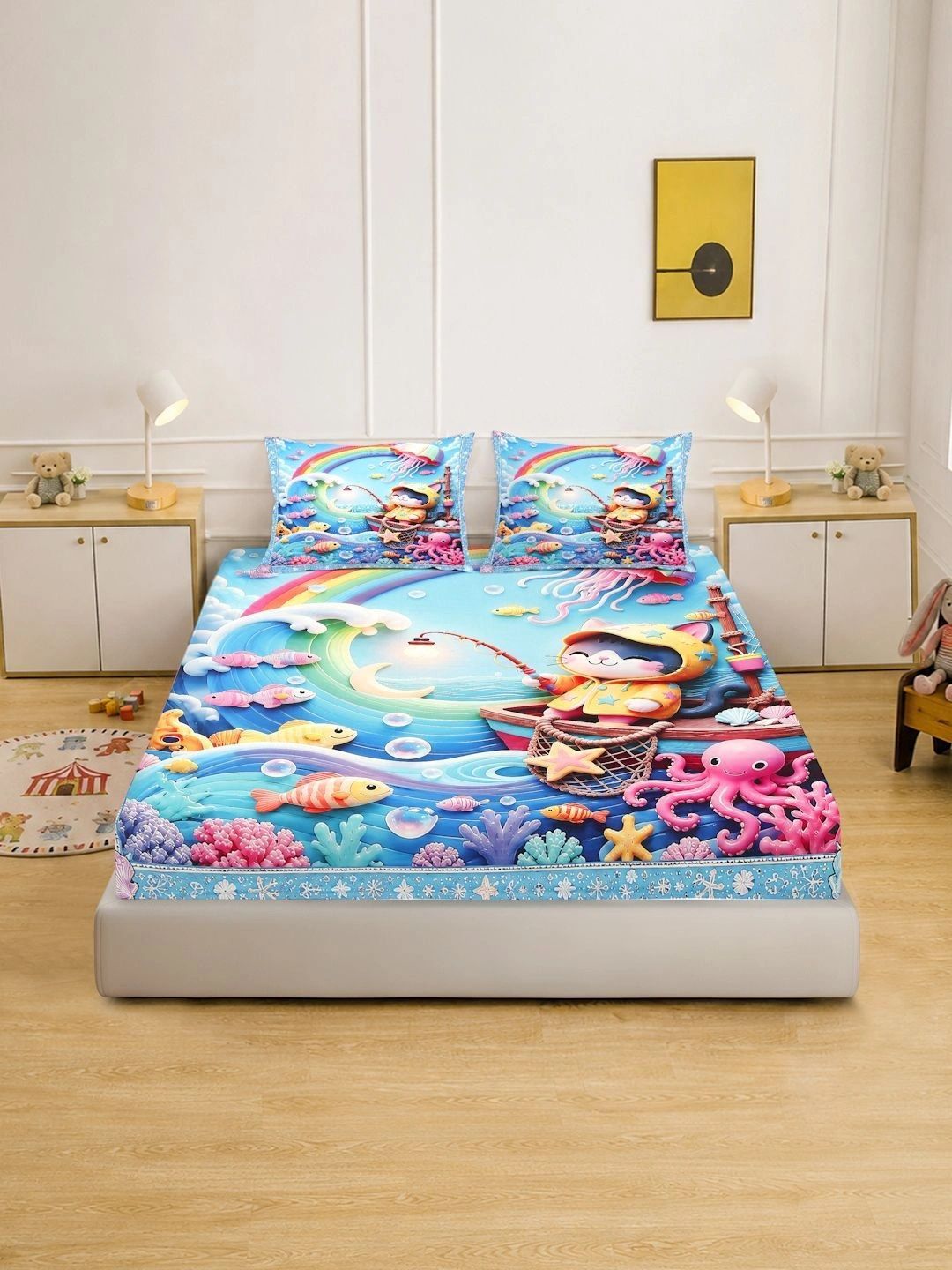 KLOTTHE Blue & Multicoloured Cartoon Characters 400 TC King Bedsheet with 2 Pillow Covers