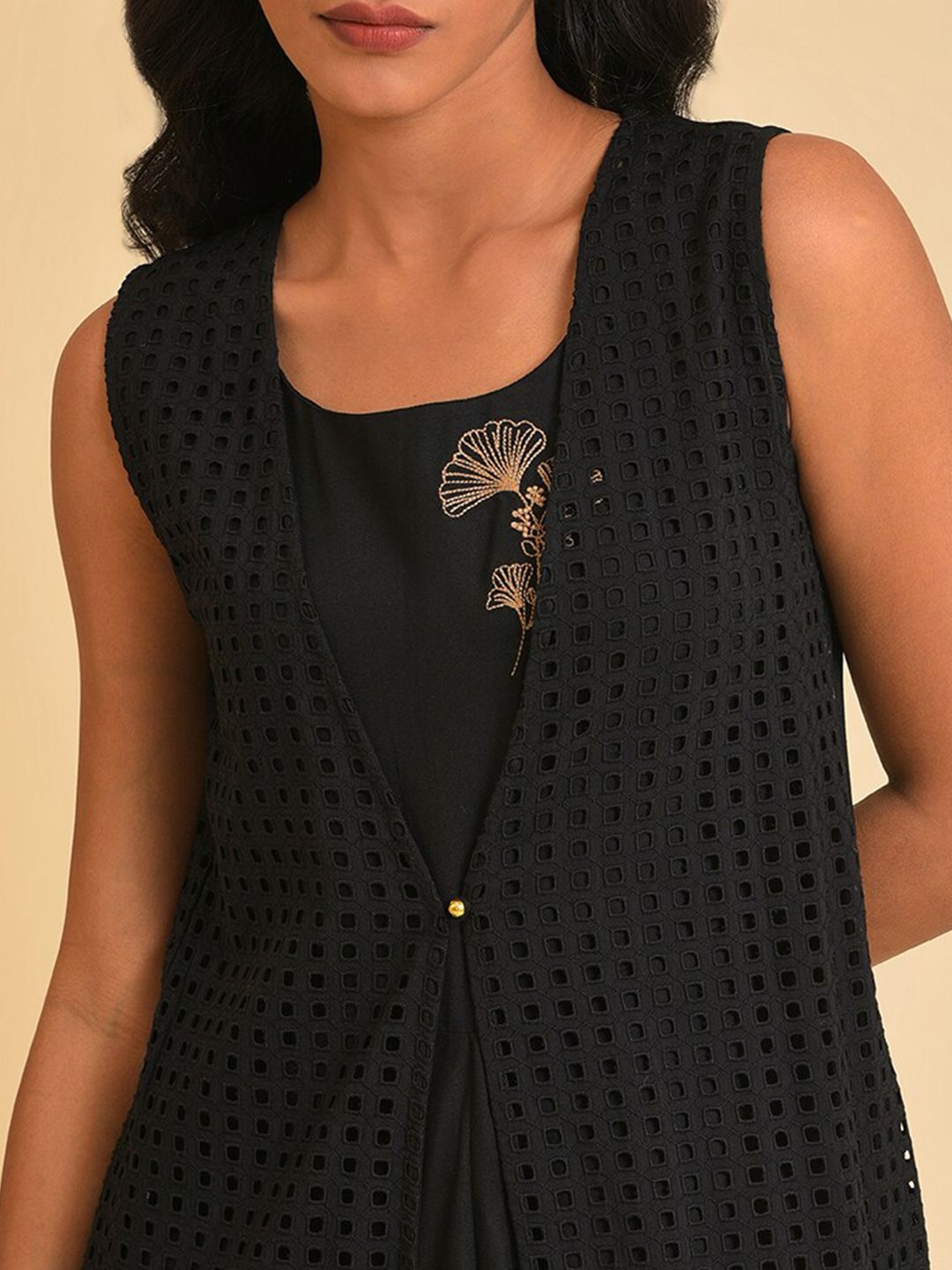 W Black schiffli Pure Cotton Basic Jumpsuit