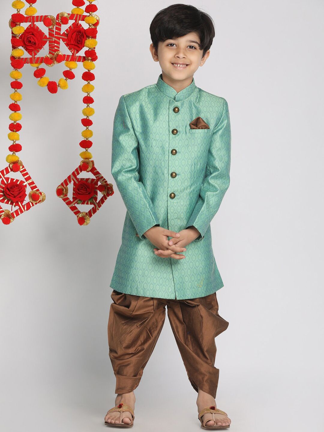Vastramay Boys 'Green and Coffee Brown Indowestern Sherwani dan Cowl Dhoti Pant Set