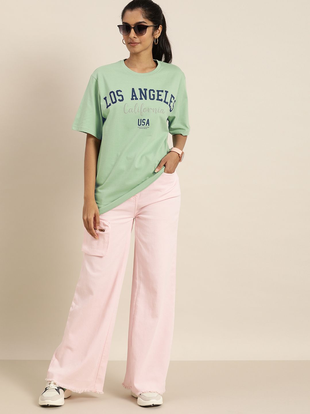 DILLINGER Women Green Printed Drop-Shoulder Sleeves Oversized Pure Cotton T-shirt