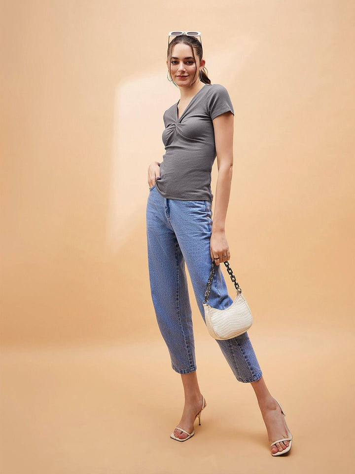 SASSAFRAS BASICS Ribbed V-Neck Fitted Cotton Top