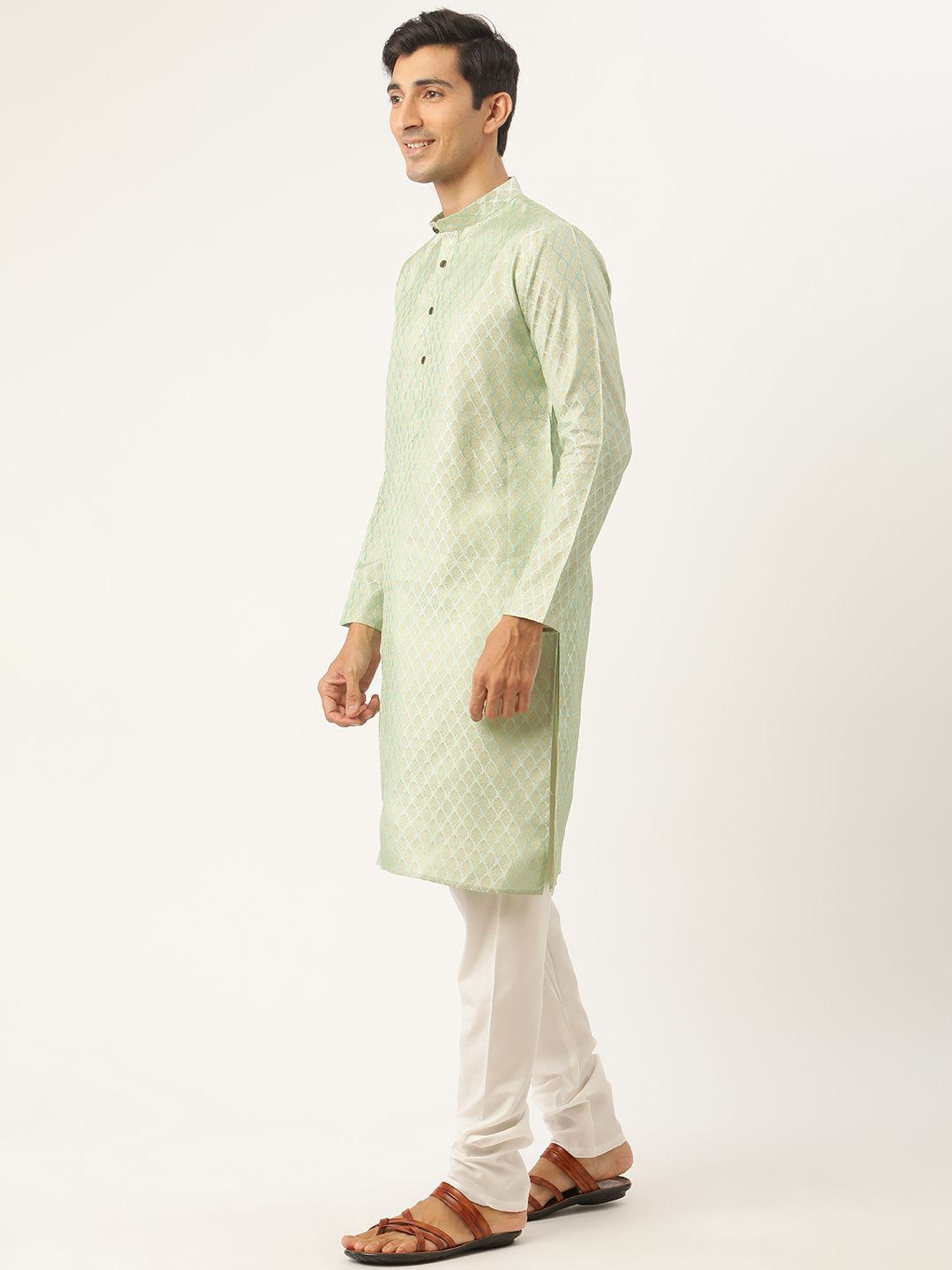 SOJANYA Kurta Motif Etnik Hijau & Merah Jambu Lelaki dengan Jaket Churidar & Nehru