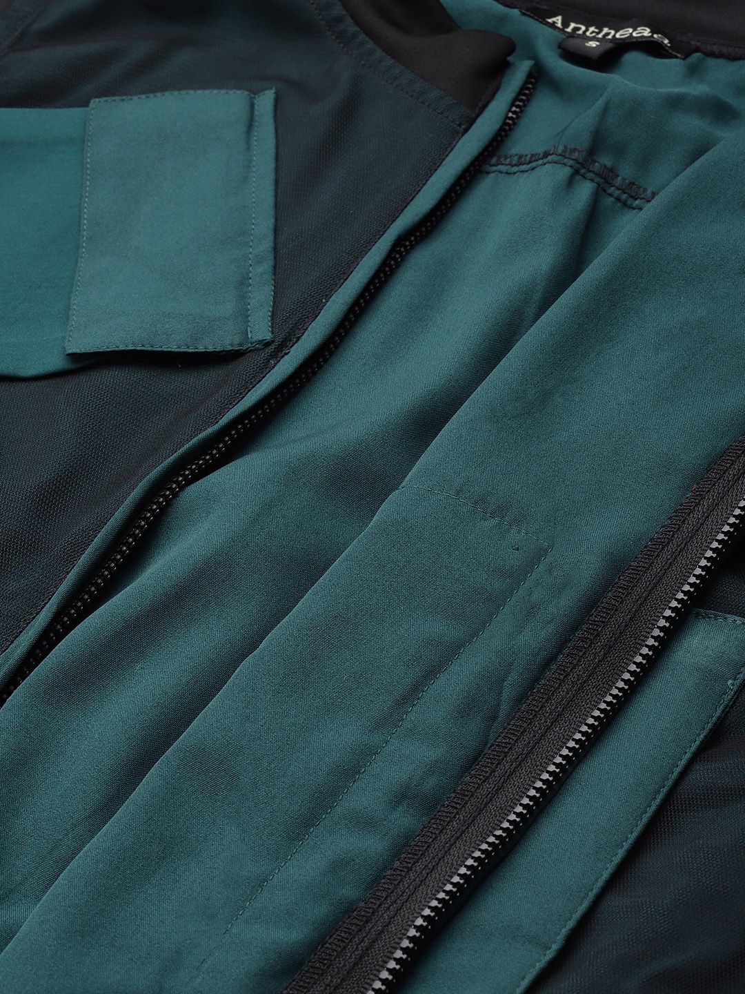 Antheaa Women Black & Teal Green Colourblocked Jacket