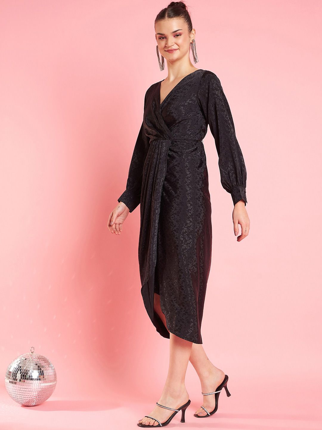 Antheaa Black Self Designed Wrap Midi Dress