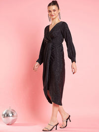 Antheaa Black Self Designed Wrap Midi Dress