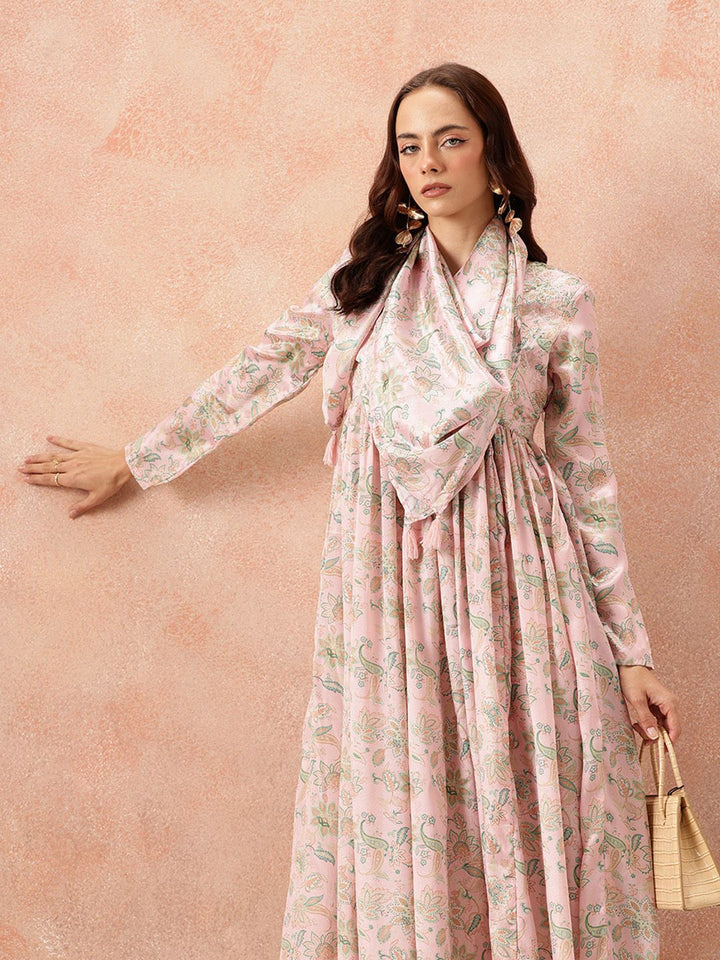 all about you Ethnic Motifs Printed Satin-Finish Festive Maxi Empire Dress with Scarf