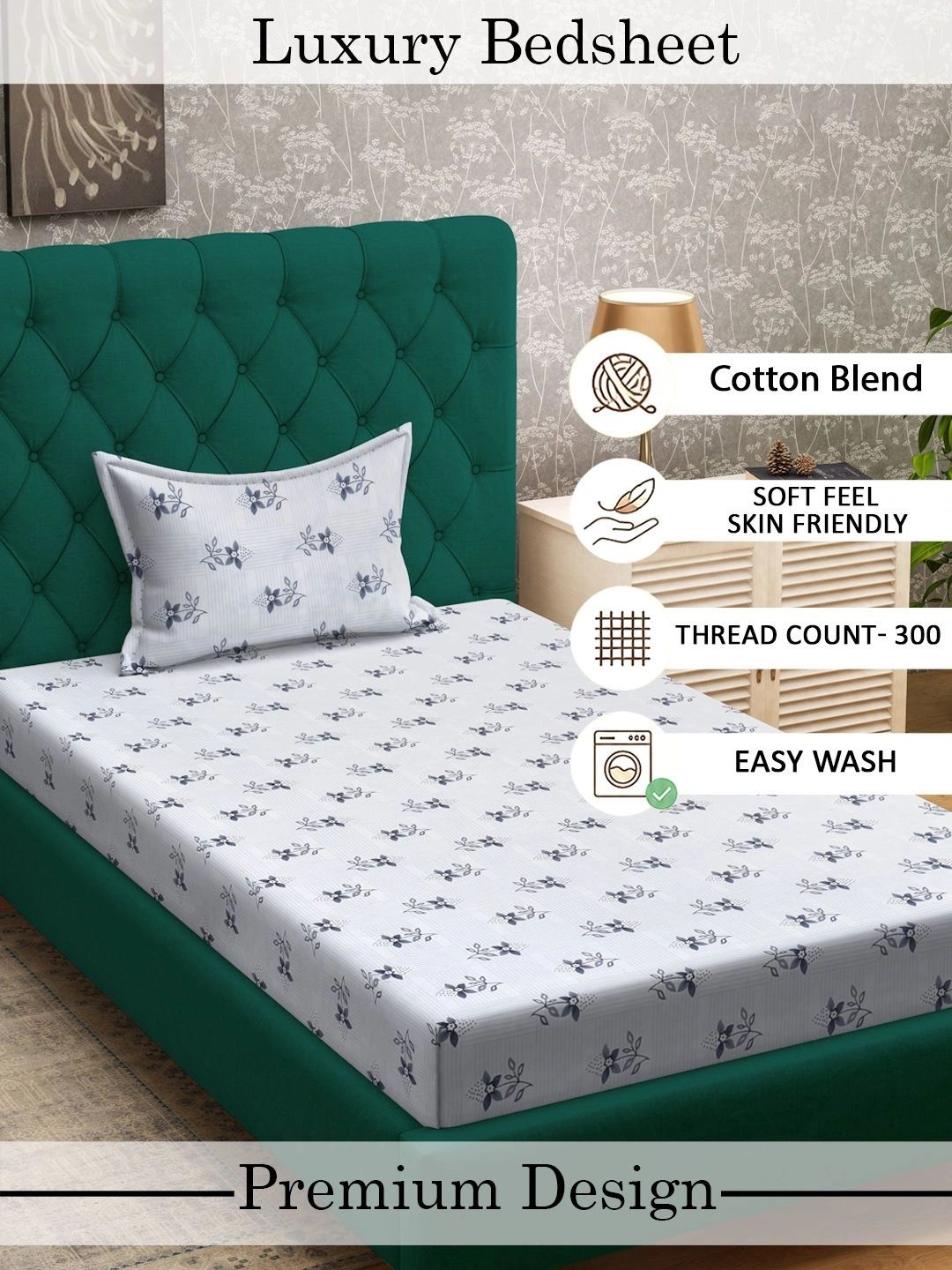 Myntra Elegant Homes White & Grey Floral 300 TC Single Bedsheet with 1 Pillow Covers