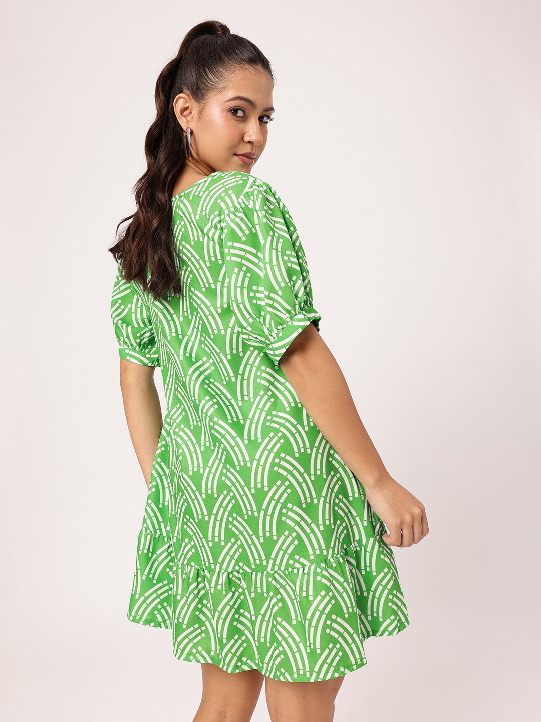 DressBerry Bold Shapes, Fresh Green Printed Gathered A-Line Mini Dress
