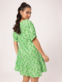 DressBerry Bold Shapes, Fresh Green Printed Gathered A-Line Mini Dress